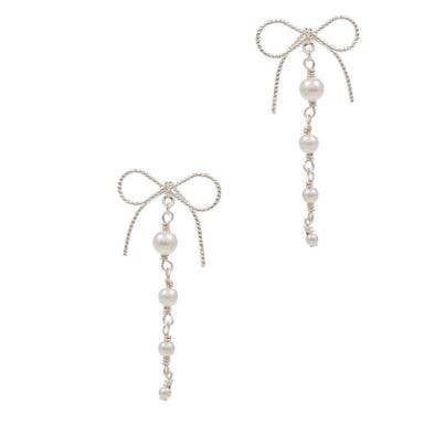 Dainty Bow & Pearl Chain Dangle Earrings: Silver