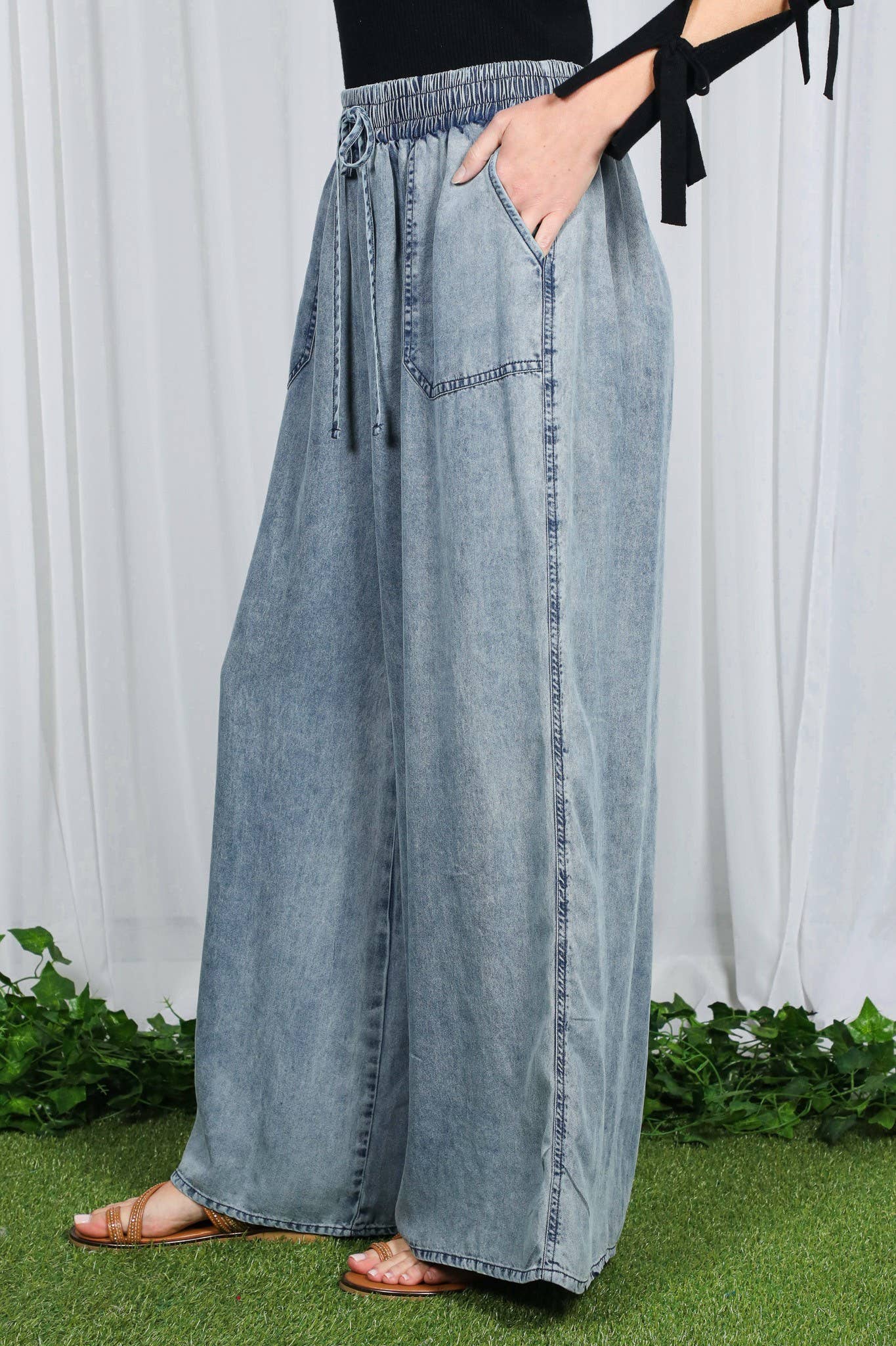 Wide Leg High Waist 100%Tencel Chambray Denim Pants