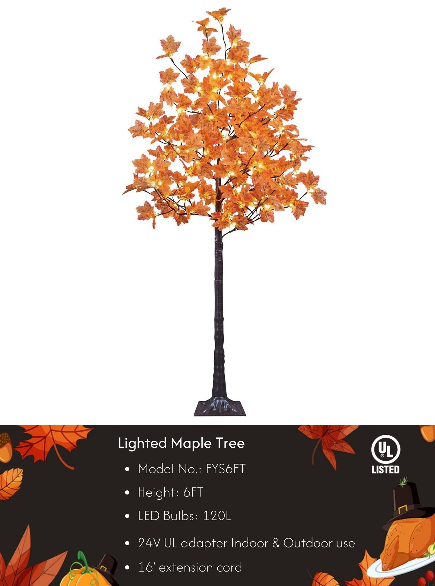 Fall Maple Tree, Warm White LEDs, Indoor/Outdoor Autumn Decoration: 6-Foot