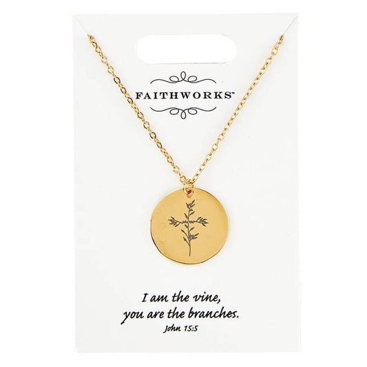 Circle Pendant Necklace - Jesus is the Vine - Gold: Wipe Clean with Damp Cloth / Gold Plated / 15" L x 2" Extender