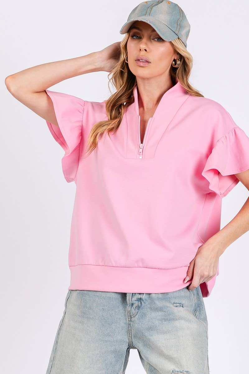 SCUBA HALF ZIP UP RUFFLE SLEEVE TOP: CREAM