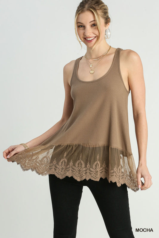 Umgee Lace Trimmed Tank - Mocha