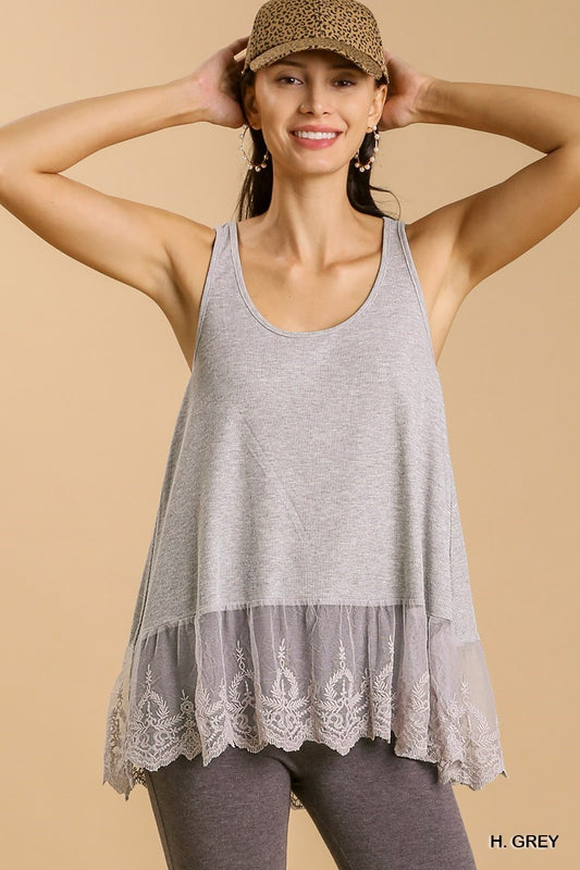 Umgee Lace Trimmed Tank - Heather Gray