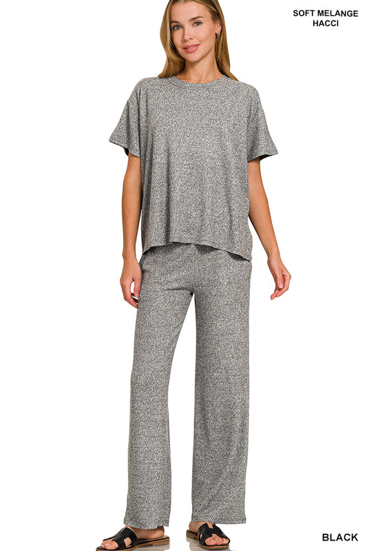 Soft melange short sleeve tee & long pants set Black
