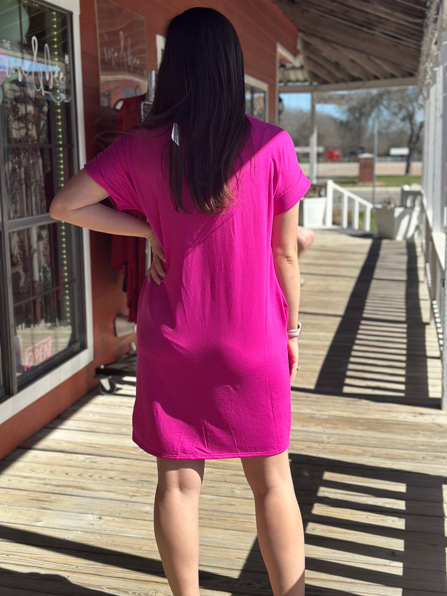 Zenana Short Sleeved Fuchsia Dress - Short