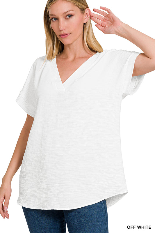 White Woven airflow v-neck hi-low hem top