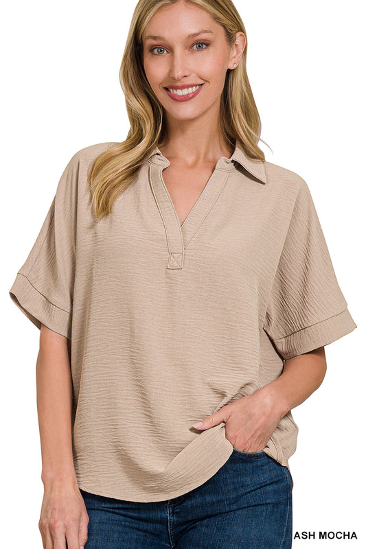 Zenana Woven airflow collared v-neck short sleeve top Ash Mocha
