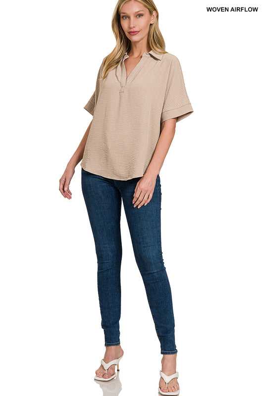Zenana Woven airflow collared v-neck short sleeve top Ash Mocha
