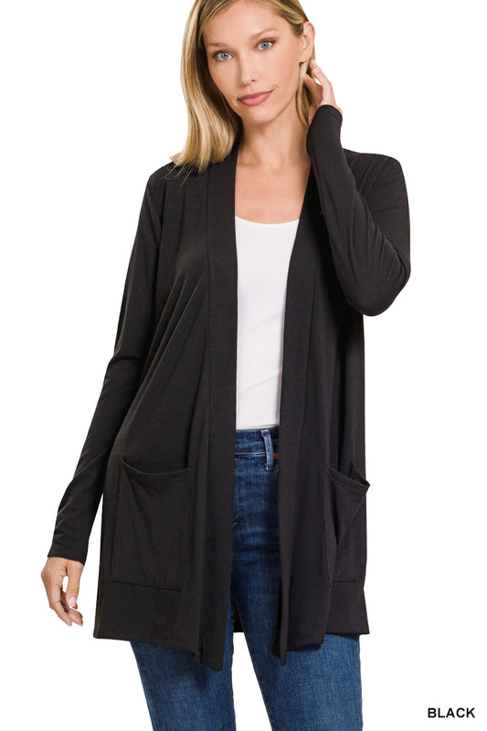 Black Zenana Slouchy pocket open cardigan