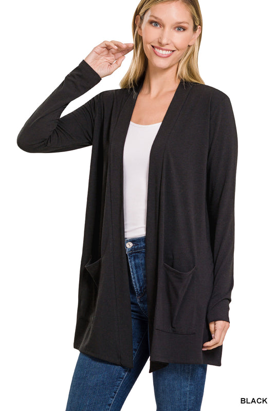 Black Zenana Slouchy pocket open cardigan
