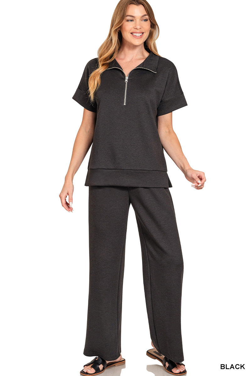 Black Scuba high neck half zip top & pants set