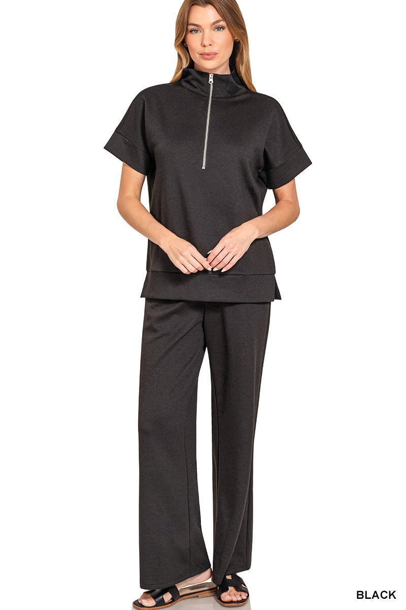 Black Scuba high neck half zip top & pants set