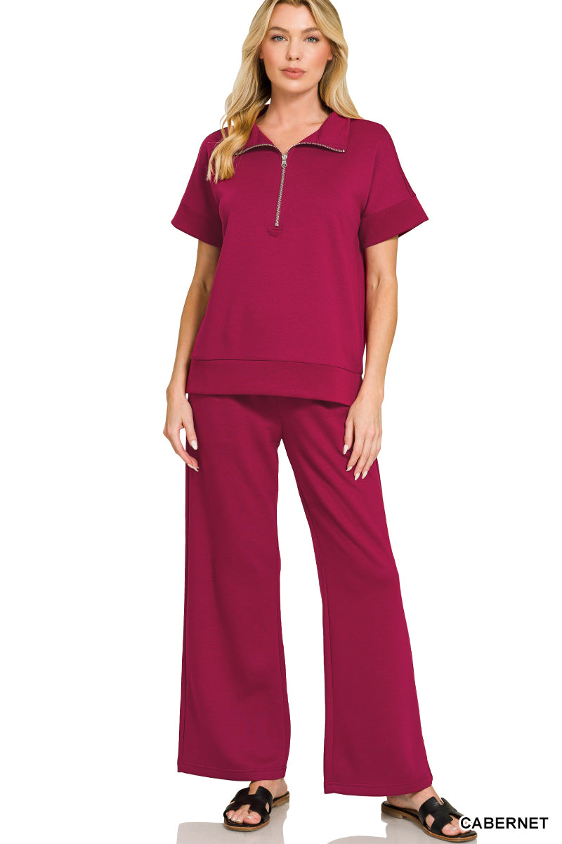 Cabernet Scuba high neck half zip top & pants set