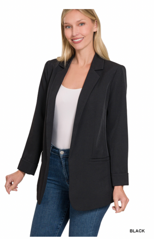 WOVEN LONG SLEEVE OPEN FRONT CLASSIC BLAZER