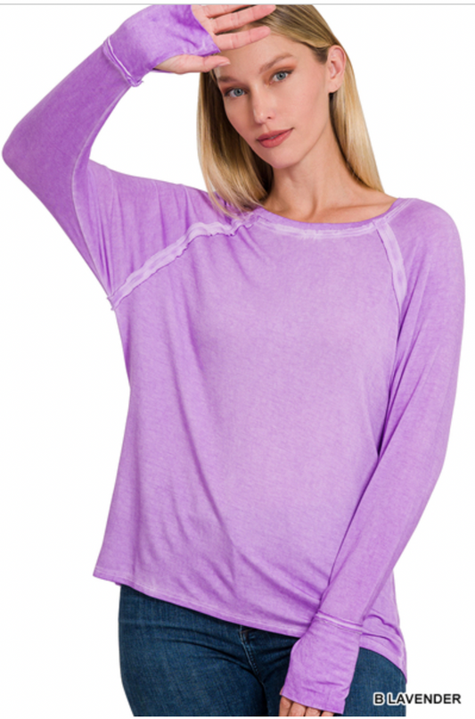 WASHED THUMB HOLE CUFFS SCOOP-NECK LONG SLEEVE TOP