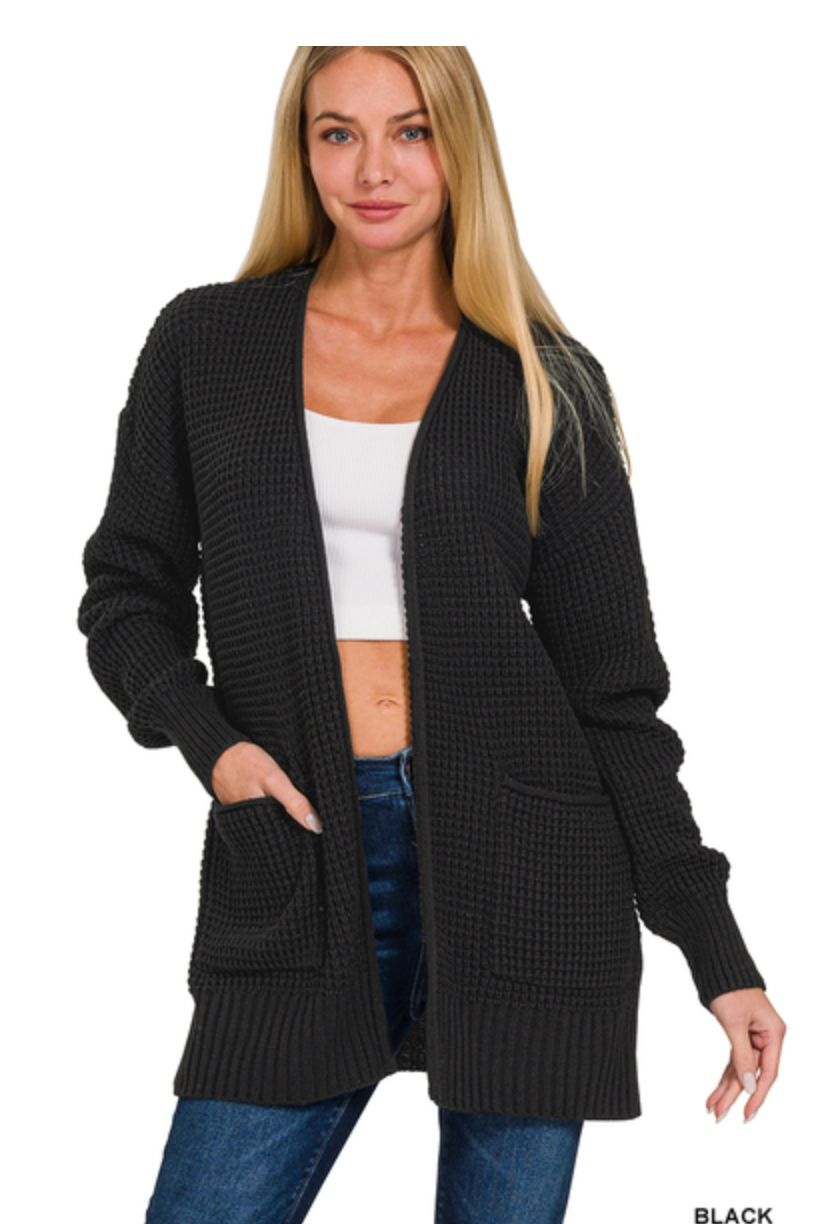 LOW GAUGE WAFFLE OPEN CARDIGAN SWEATER