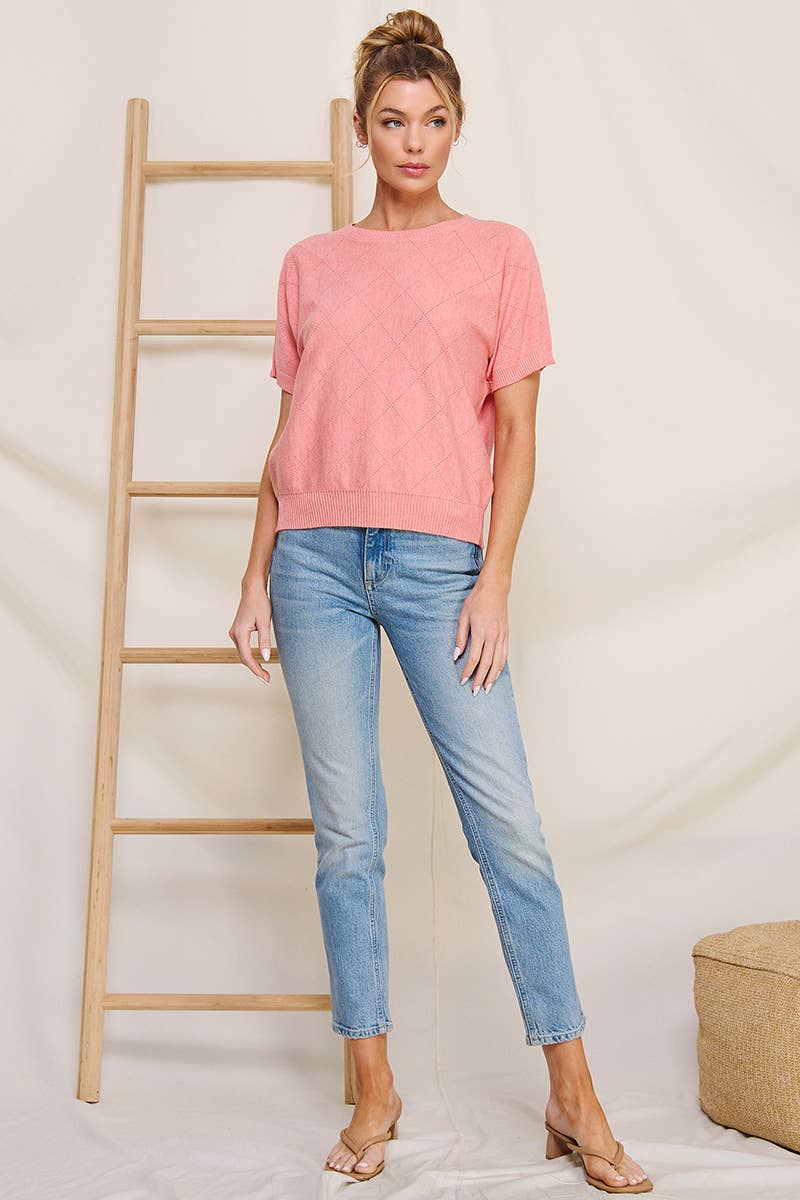 Short Sleeve Diamond Pointelle Top: Coral Rose