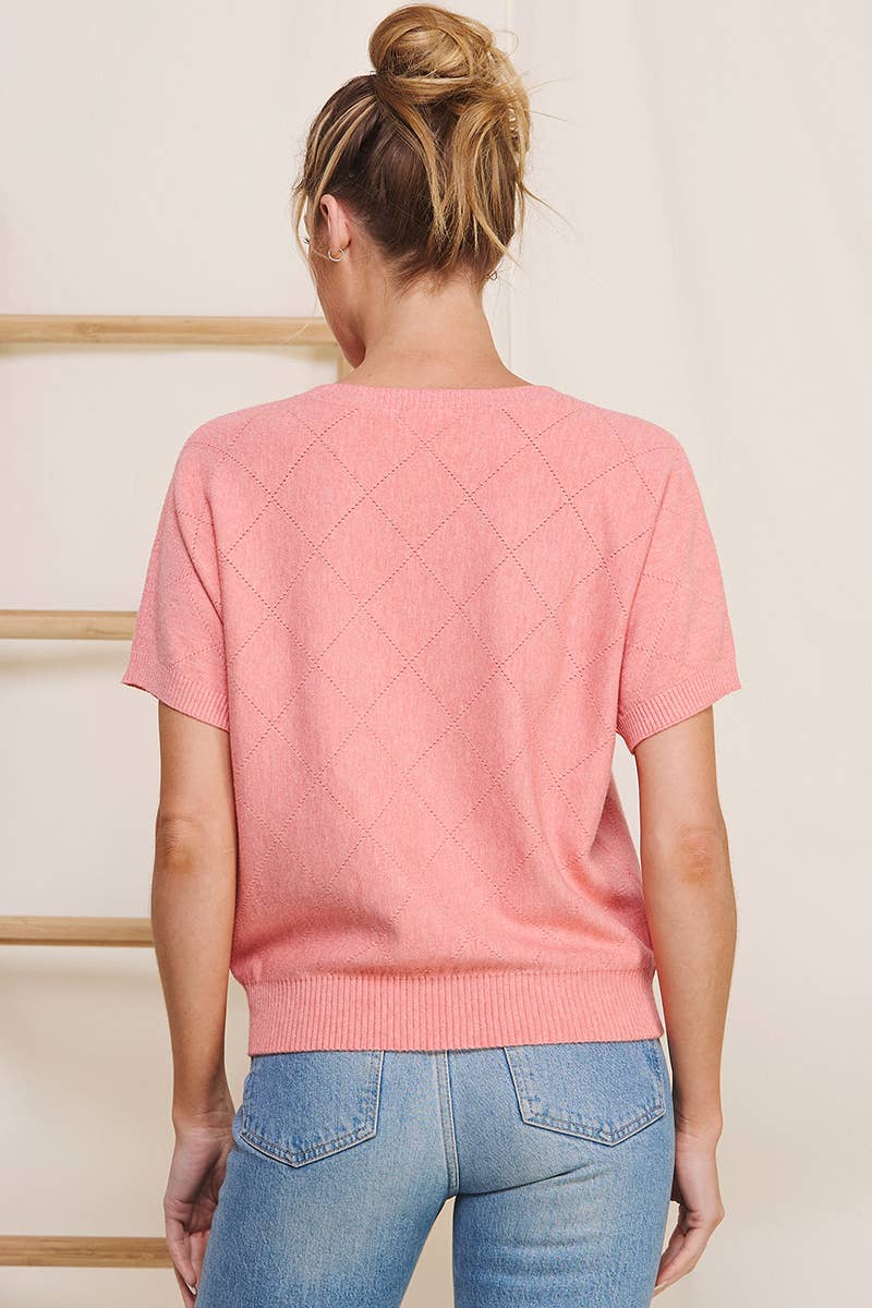 Short Sleeve Diamond Pointelle Top: Coral Rose