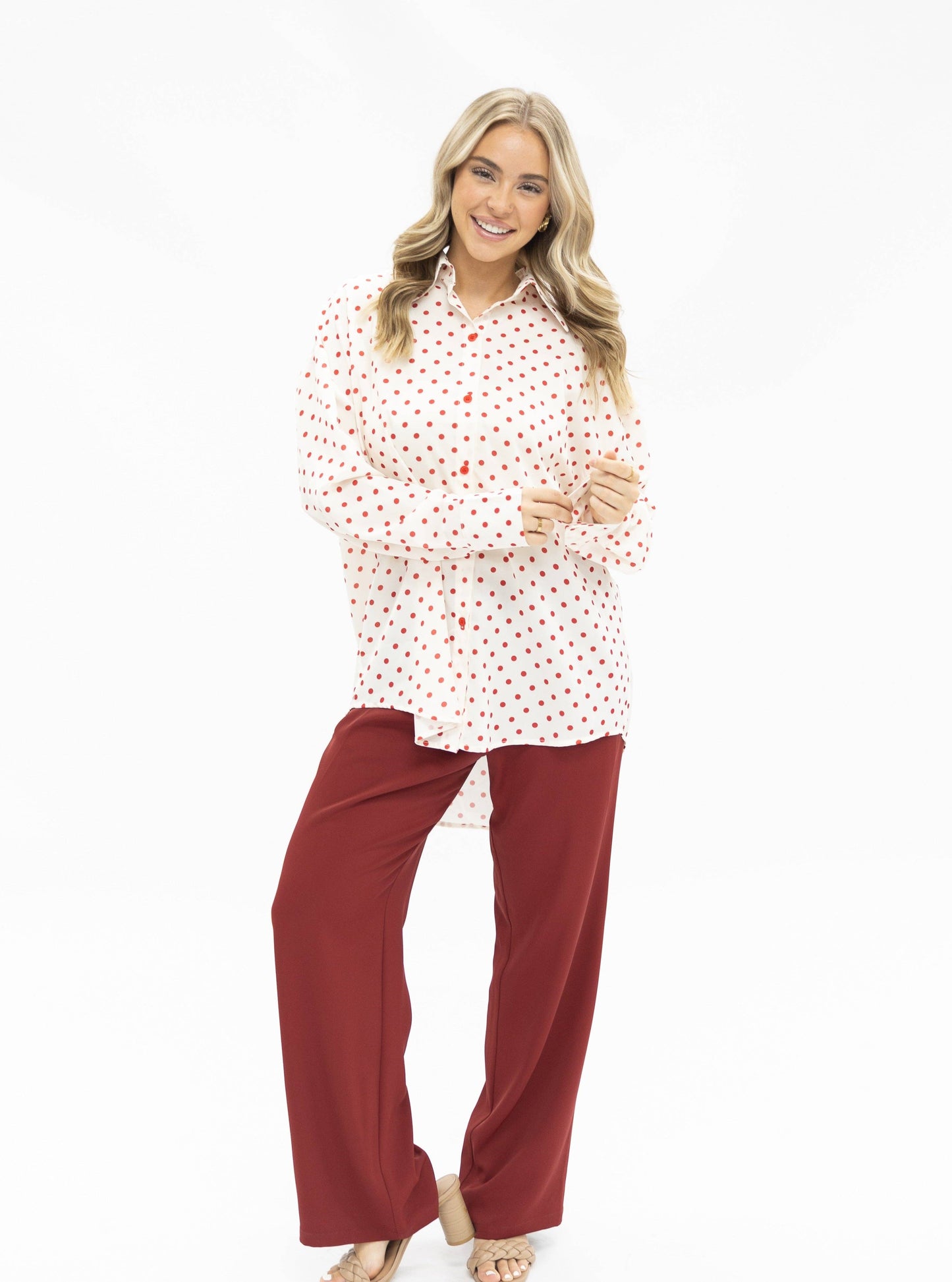 Kathryn Classic Button-Up, Red Polka-Dot: Red