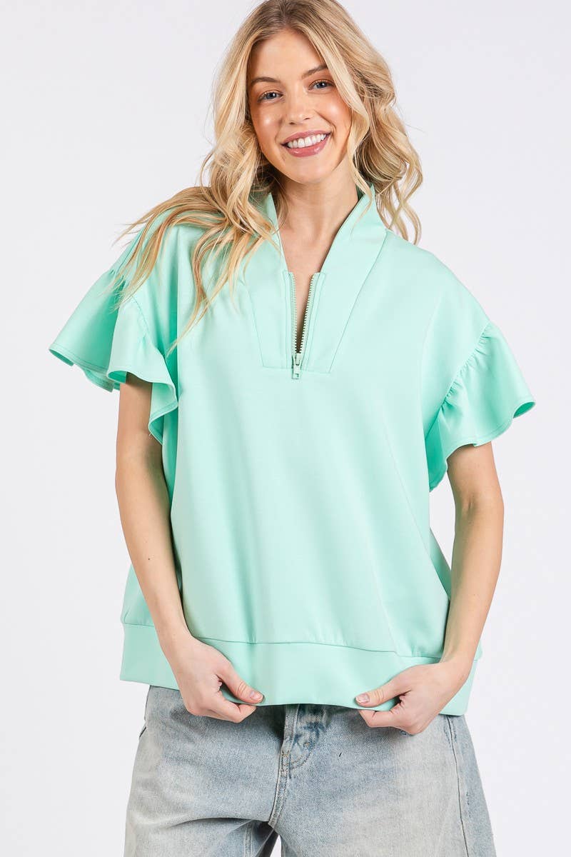 SCUBA HALF ZIP UP RUFFLE SLEEVE TOP: CREAM