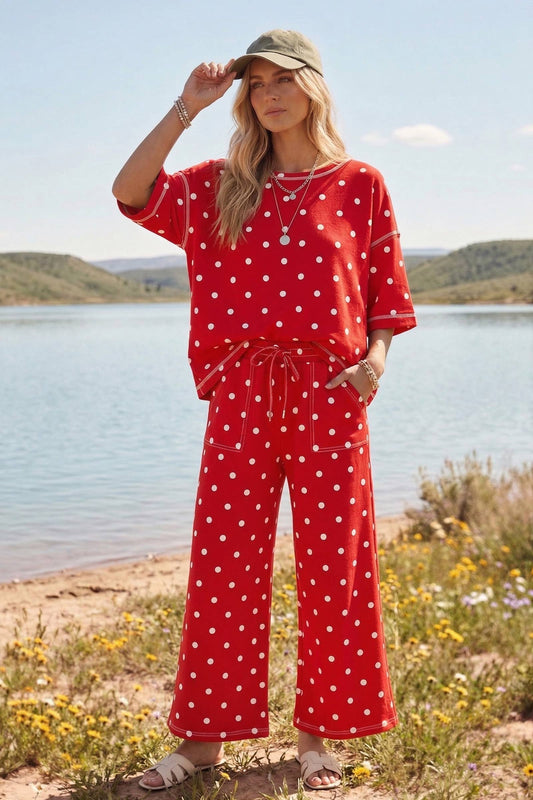 Heavy Scuba Polka Dot Short Sleeve Set: RED/WHITE