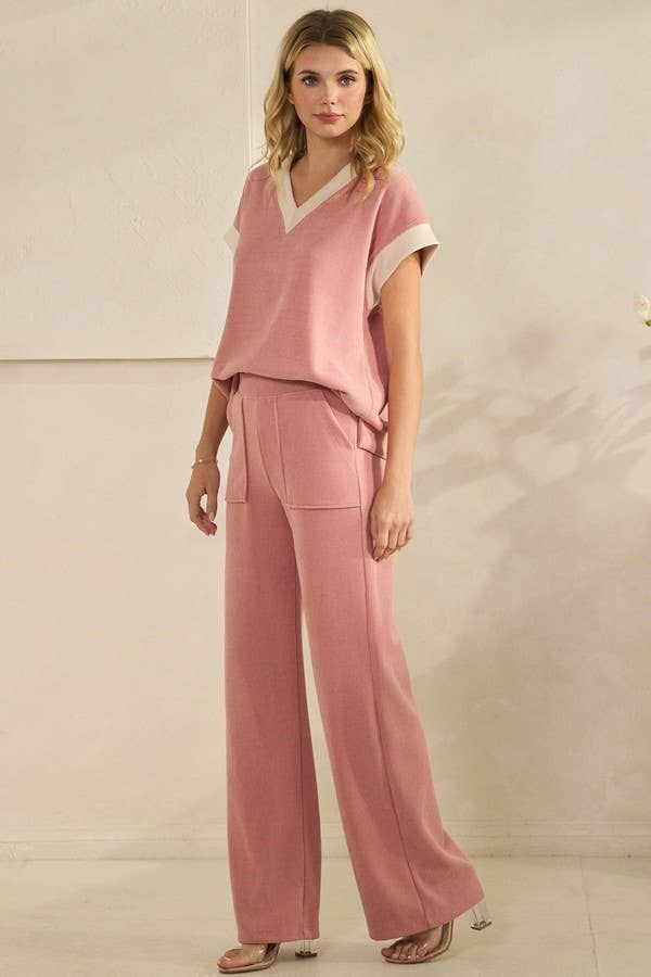 Corduroy Modal Short Sleeve Top and Pant Set: Dusty Rose