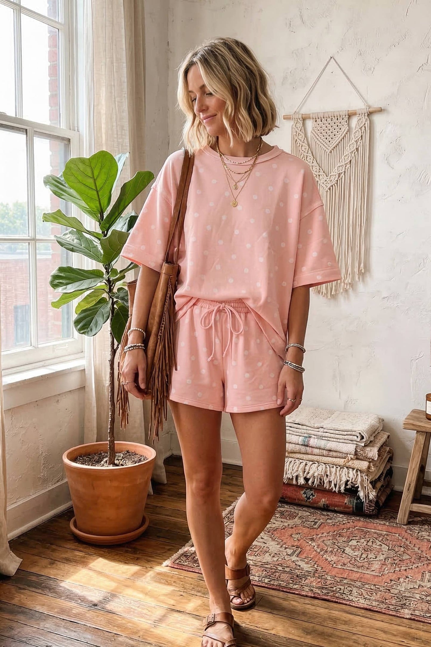 Polka Dot Heavy Scuba Top and Shorts Set: LT PINK /WHITE