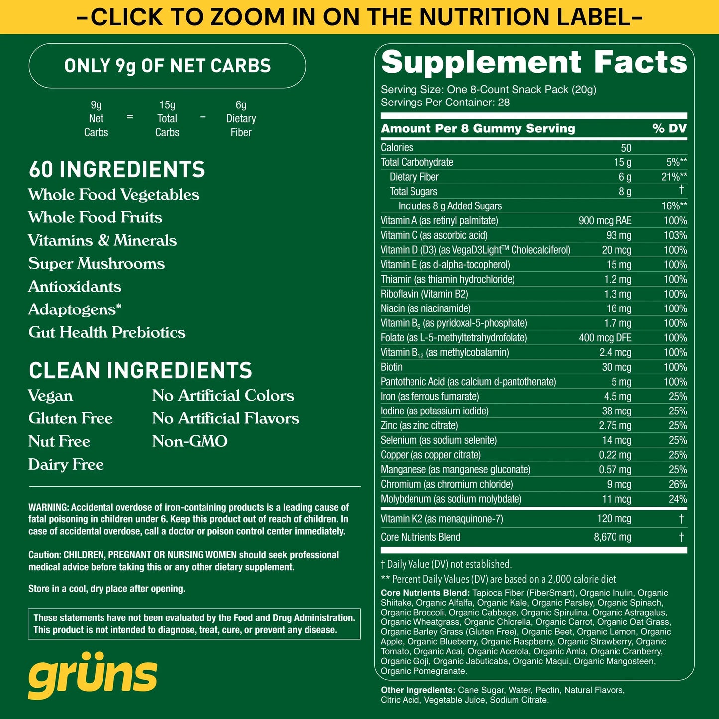 Grüns Adult Superfood Greens Gummies, 30 Servings