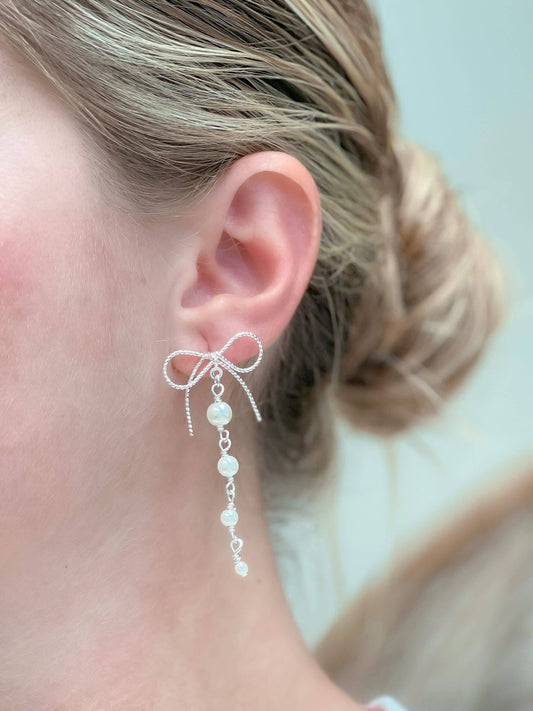Dainty Bow & Pearl Chain Dangle Earrings: Silver