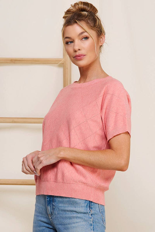 Short Sleeve Diamond Pointelle Top: Coral Rose