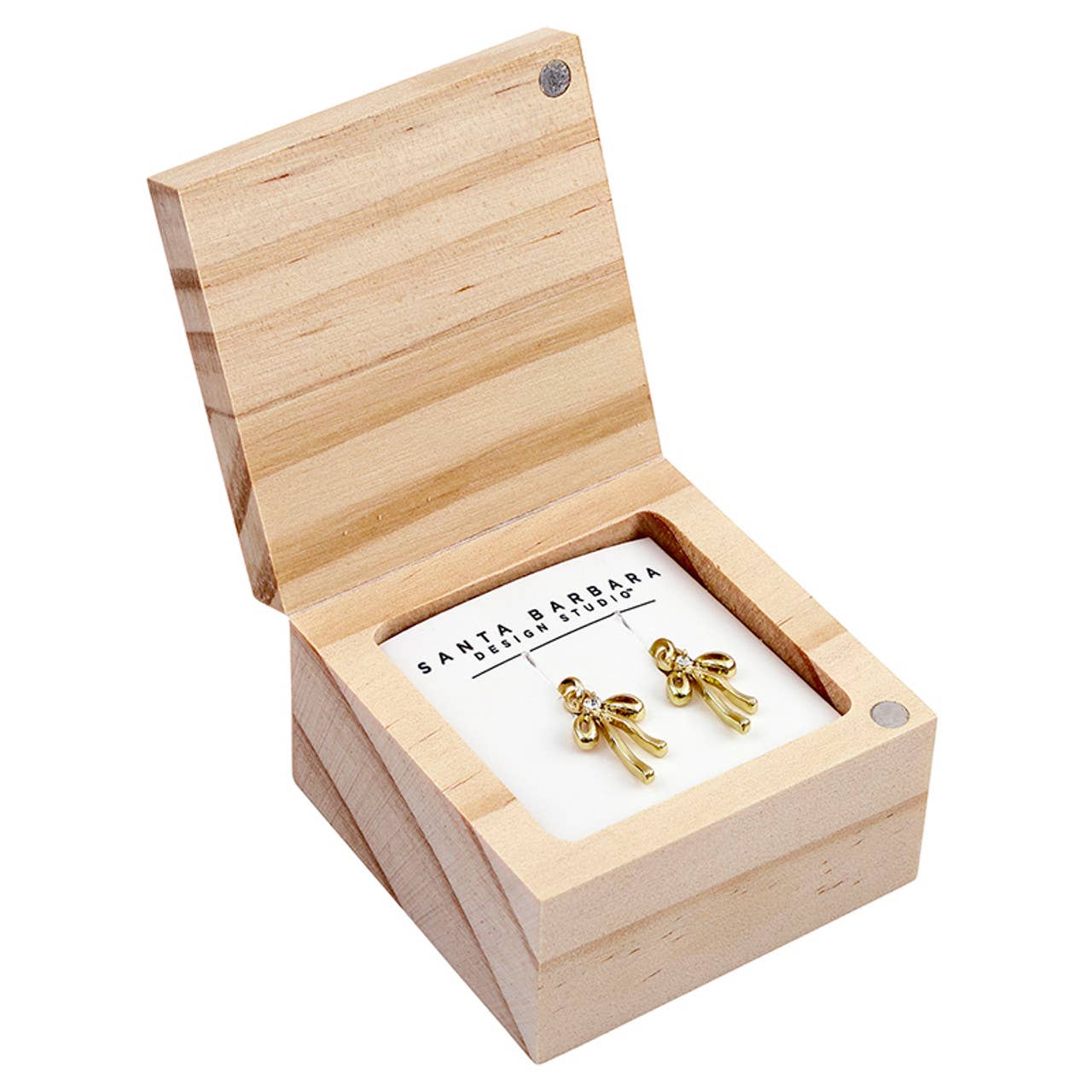 Treasure Box Bow Earring - Bows: Pine Wood, Zinc Alloy, Glass / 0.35 W x 1.2 H, Box: 2 SQ x 1.25 H
