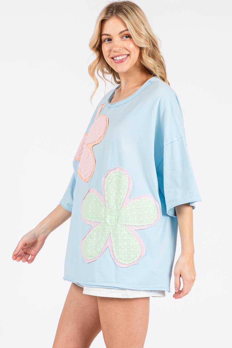WASHED FLORAL PATCHWORK OVERSIZED TEE: DUSTY BLUE