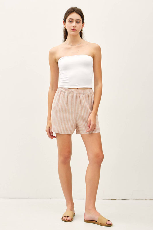 STRIPED BREEZY SHORTS WITH ELASTIC WAIST : Hazelnut