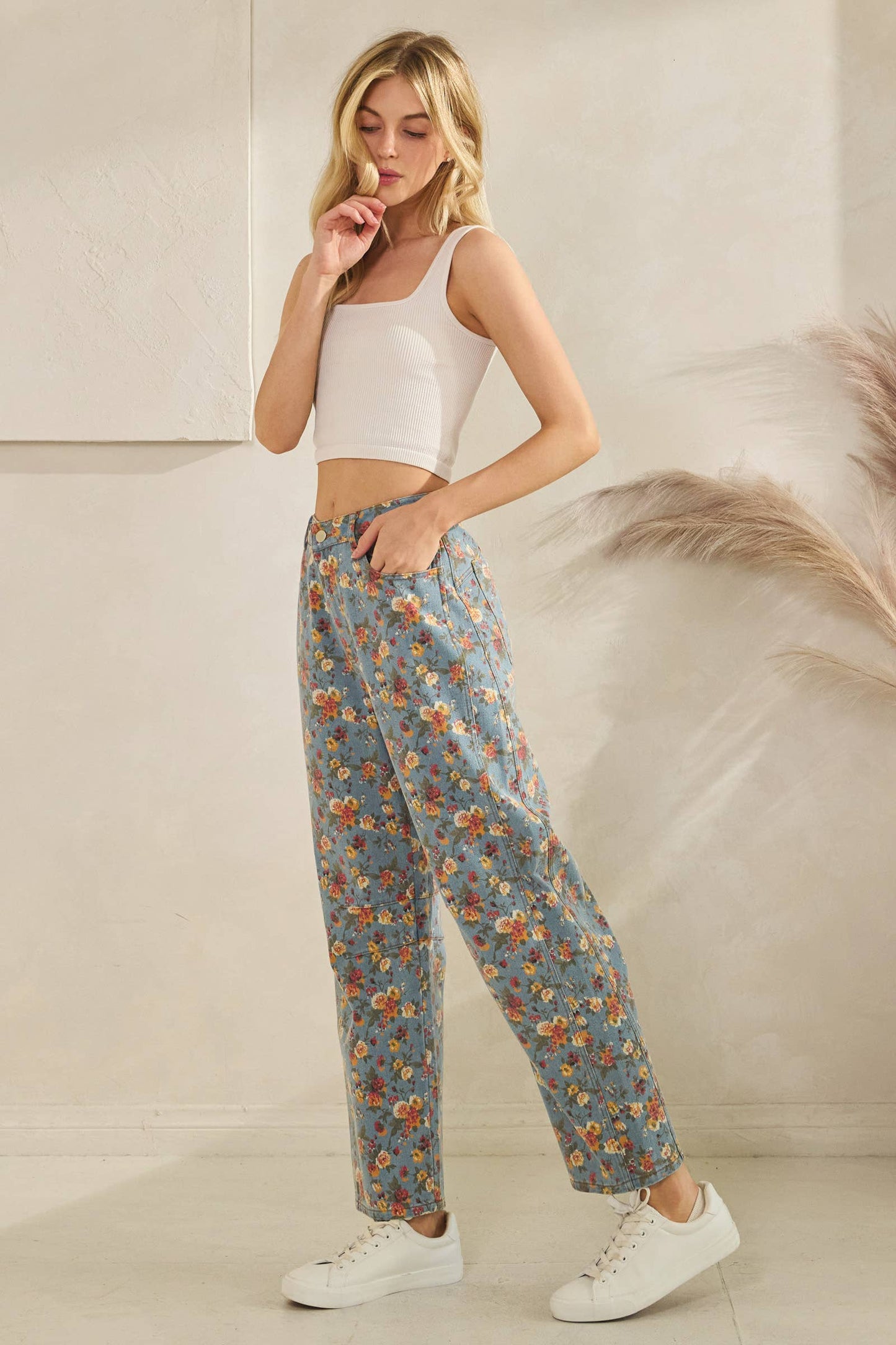 Mineral Washed Floral Denim Barrel Pants: DK DENIM