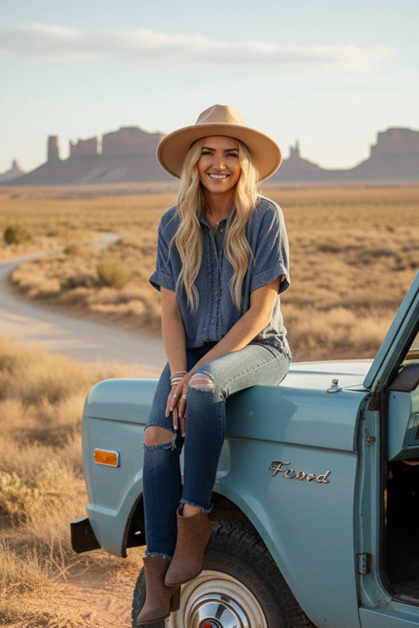 Frayed Trim Denim Button Top: DENIM