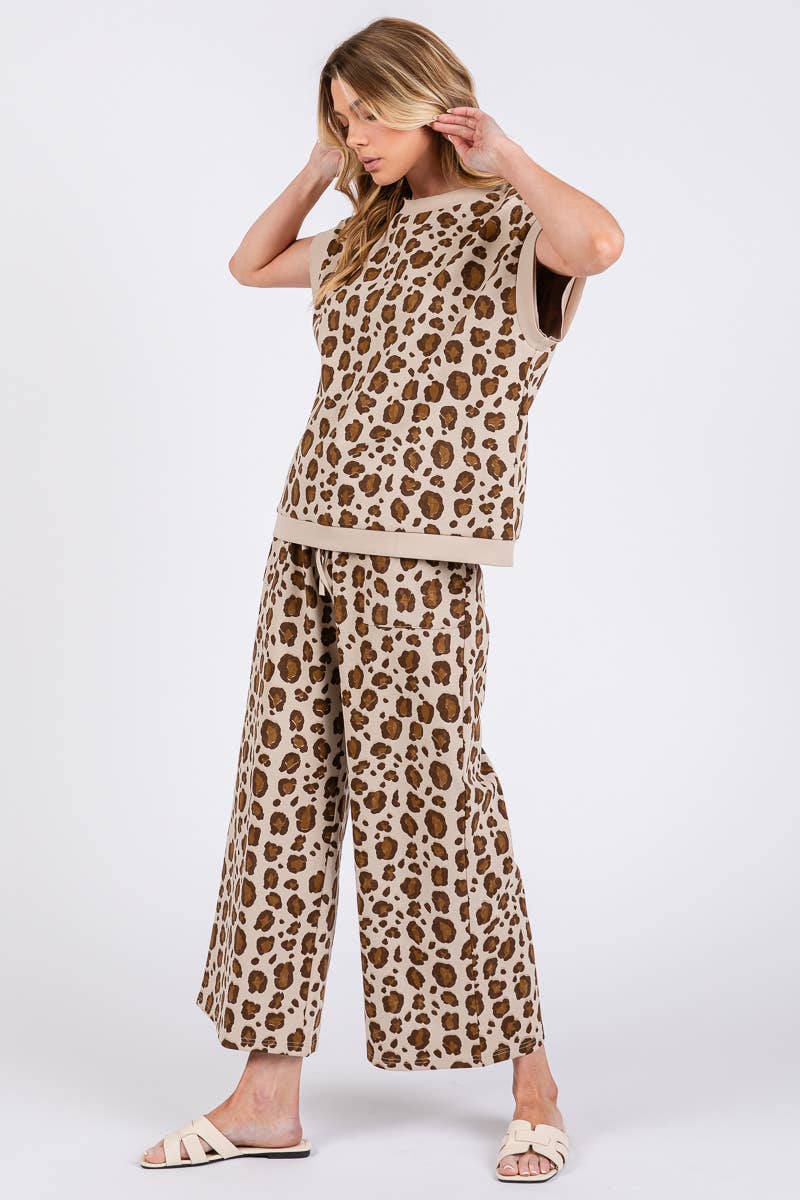 LEOPARD PRINT SCUBA TOP AND PANTS SETS: BROWN MULTI /