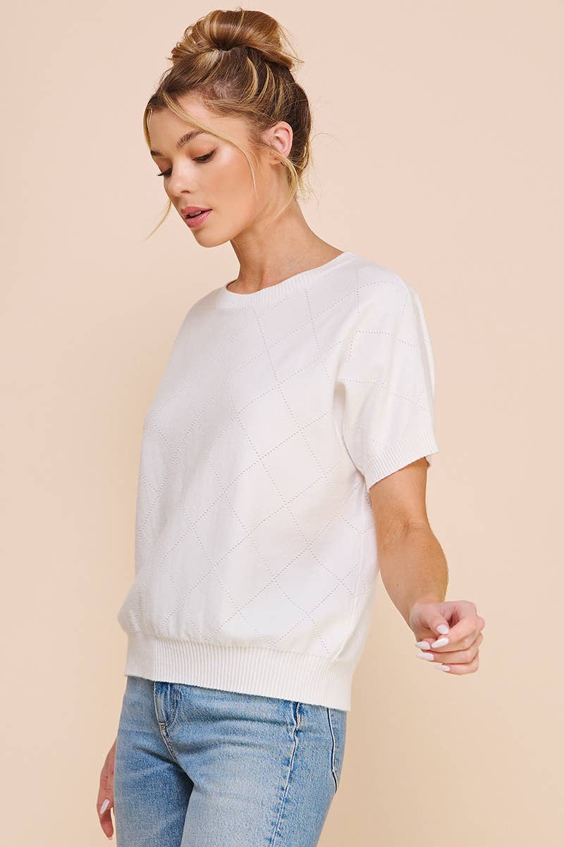 Short Sleeve Diamond Pointelle Top: Coral Rose
