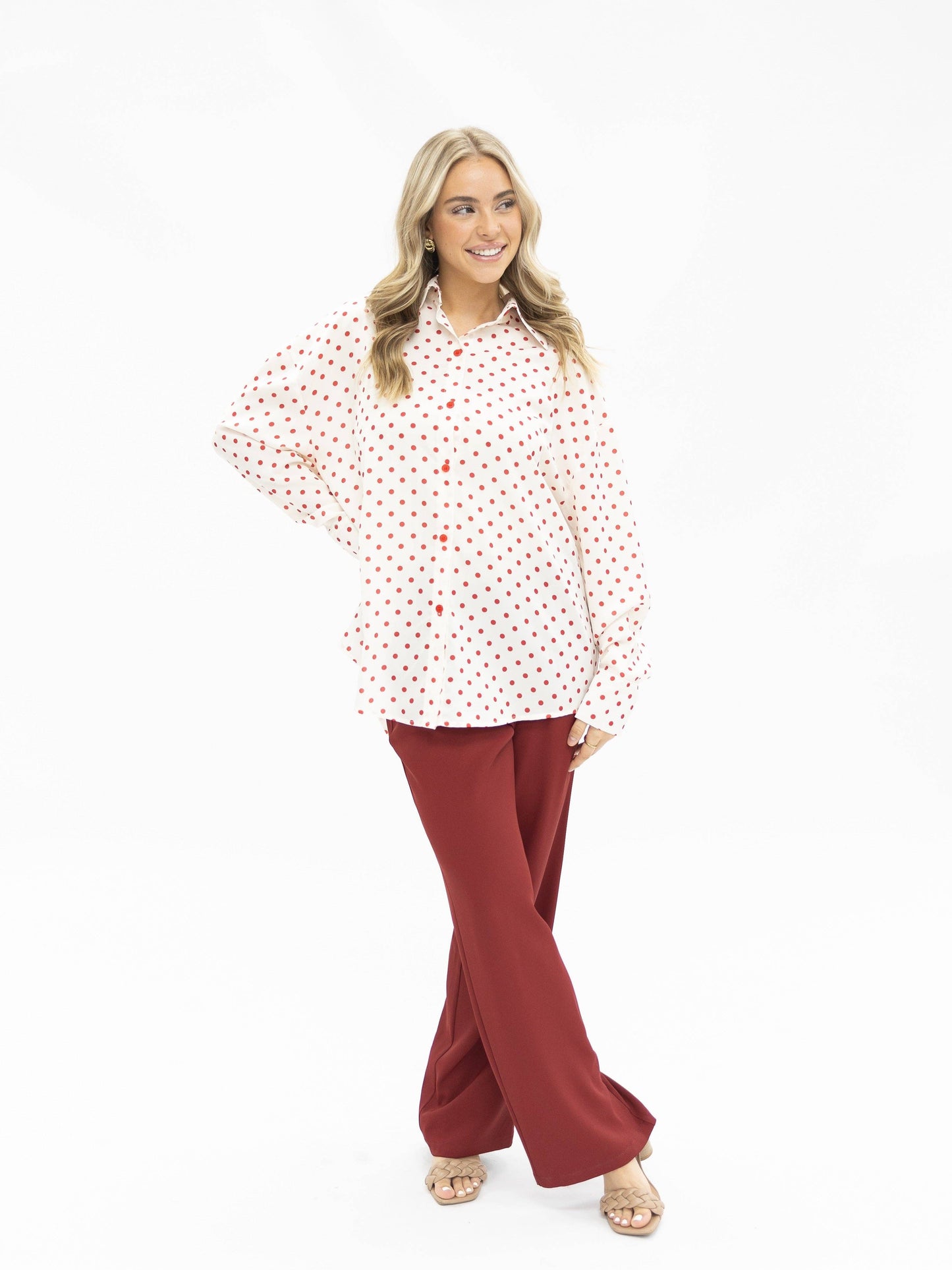 Kathryn Classic Button-Up, Red Polka-Dot: Red