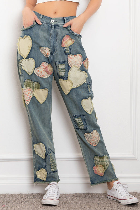 Blue Velvet MULTI PATCHWORK ELASTIC WAIST WASHED DENIM PANTS