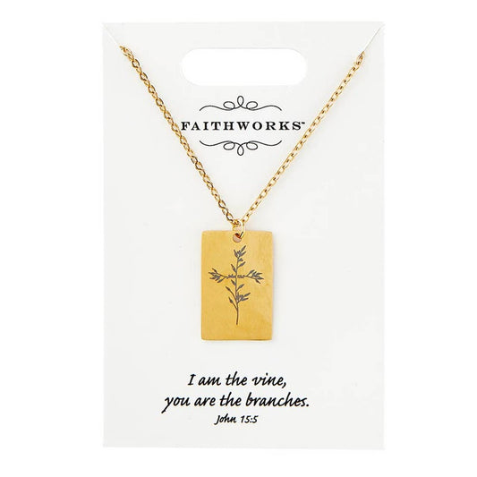 Square Pendant Necklace - Jesus is the Vine - Gold: Wipe Clean with Damp Cloth / Gold Plated / 15" L x 2" Extender