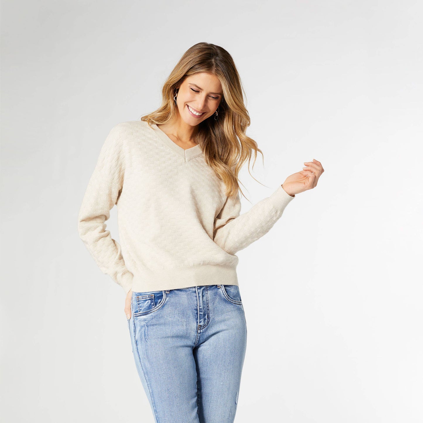 Melanie V-Neck Sweater: Oatmeal / XXL