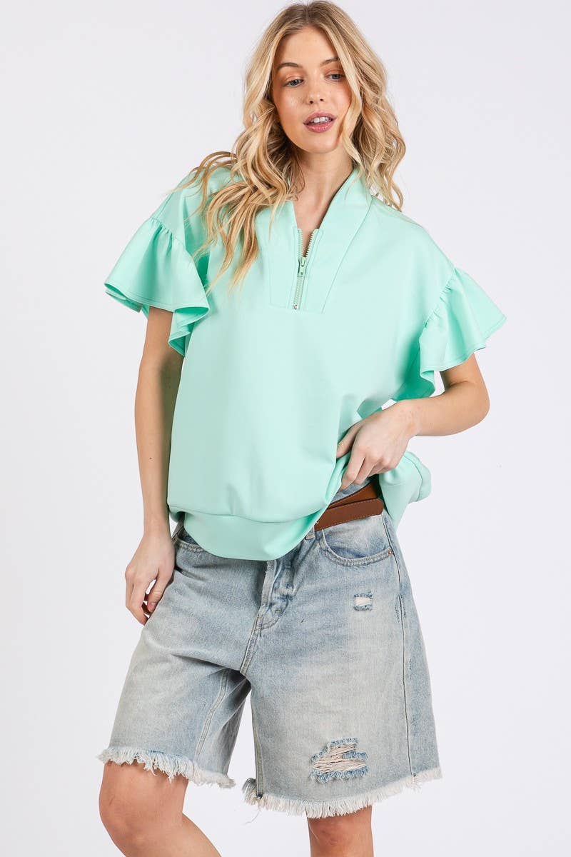 SCUBA HALF ZIP UP RUFFLE SLEEVE TOP: CREAM
