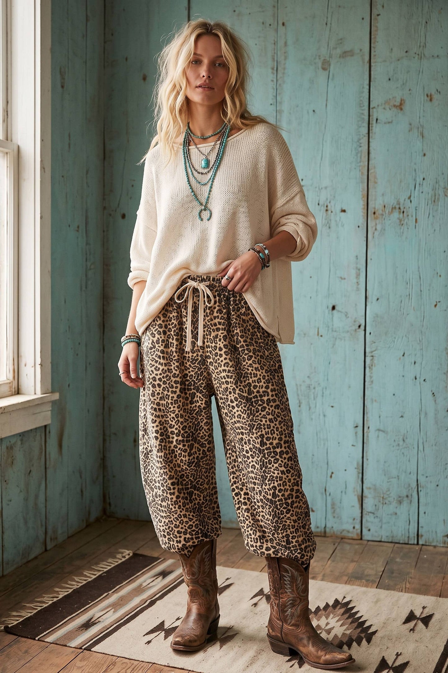 Oversized French Terry Leopard Barrel Pants: BROWN COMBO / L