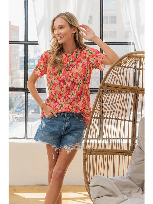 Scoop Neck Floral Short Sleeve Top