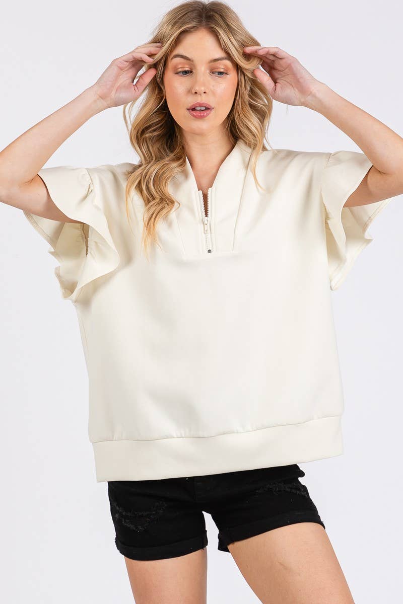 SCUBA HALF ZIP UP RUFFLE SLEEVE TOP: CREAM