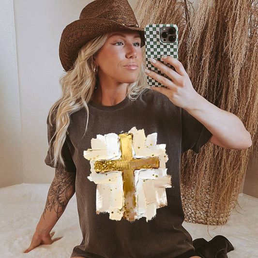 Faux Painted Gold Cross DTF Heat Transfer: Adult