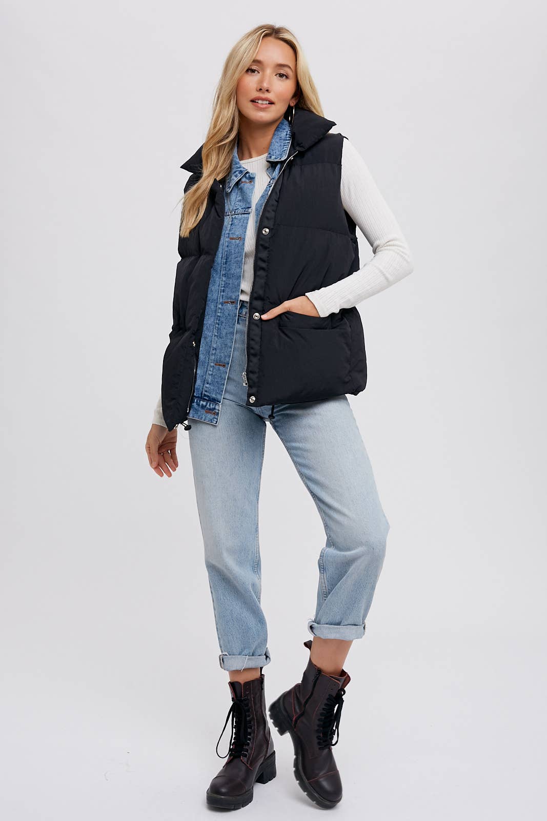 DENIM LAYERED PUFFER VEST: BLACK