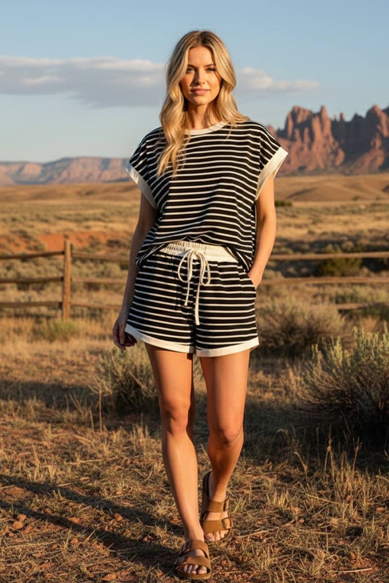STRIPED TERRY TOP AND SHORT SETS: BLACK/IVORY