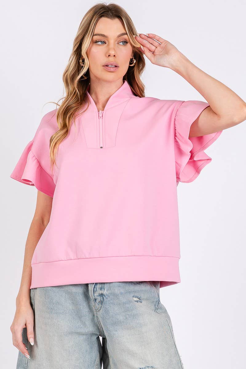 SCUBA HALF ZIP UP RUFFLE SLEEVE TOP: CREAM