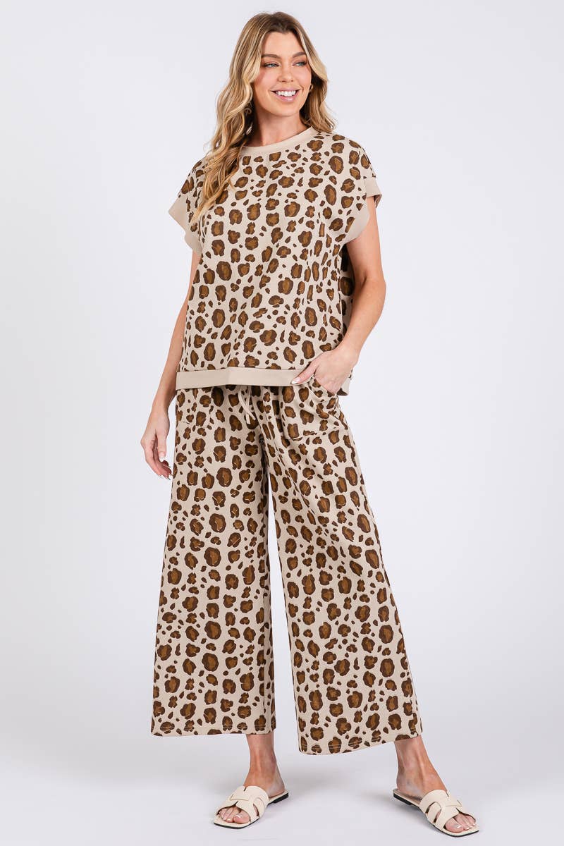 LEOPARD PRINT SCUBA TOP AND PANTS SETS: BROWN MULTI /